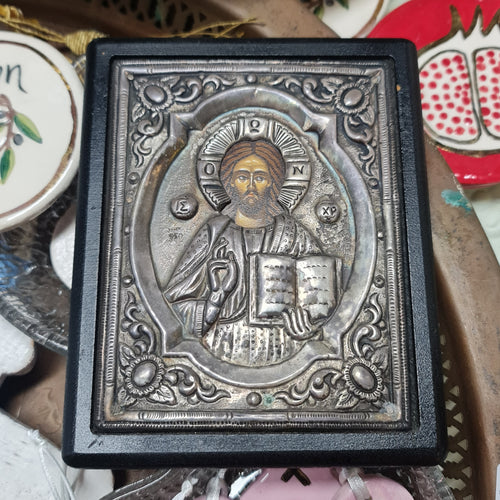 Vintage Saint Jesus Greek icon 950 Silver original art