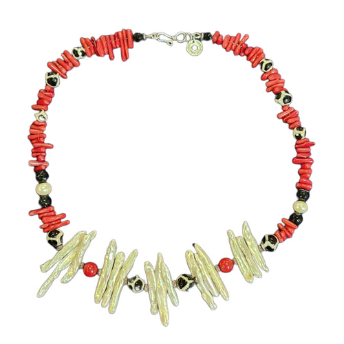 Freshwater Pearl Red Coral and Agate Necklace