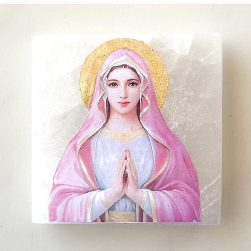 Pink Virgin Mary Icon on Selenite Stone