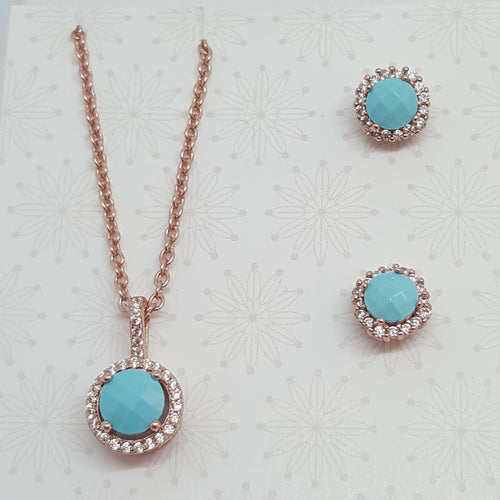 Turquoise and diamond look jewellery set in rose gold