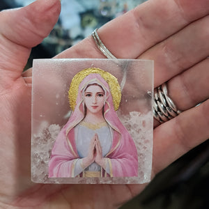 SALE Virgin Mary Pink Icon on Selenite Stone