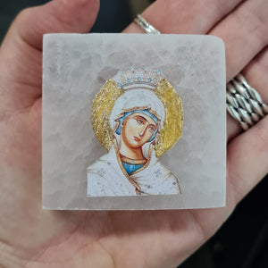 SALE Panayia White Icon on Selenite Stone