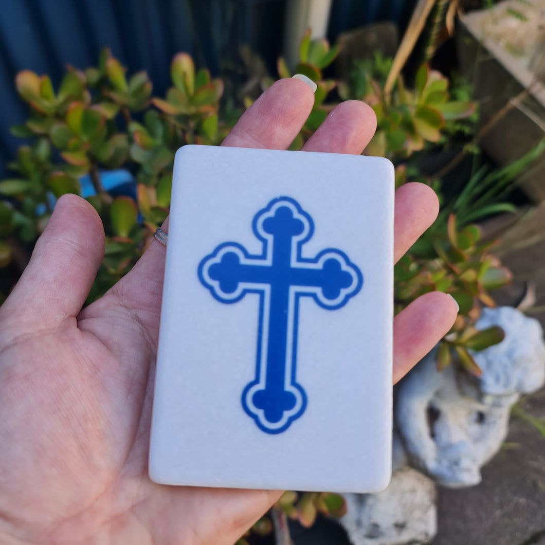 SALE Thassos White Marble Byzantine Greek Cross Blue