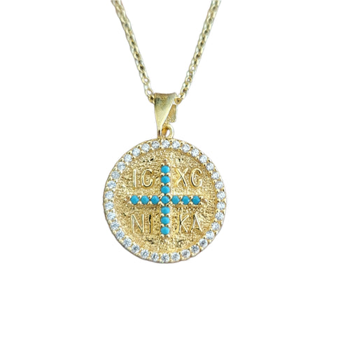 Bri Blue Greek Constantinato Cross Necklace Gold