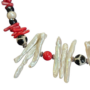 Freshwater Pearl Red Coral and Agate Necklace