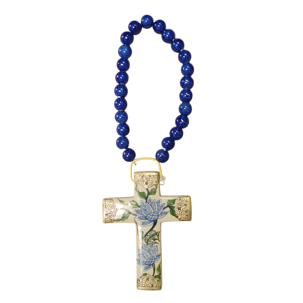 SALE Parisian Garden ceramic metal wall cross with Blue Beads