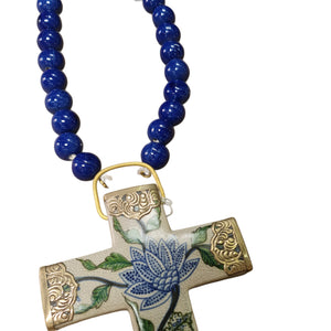 SALE Parisian Garden ceramic metal wall cross with Blue Beads