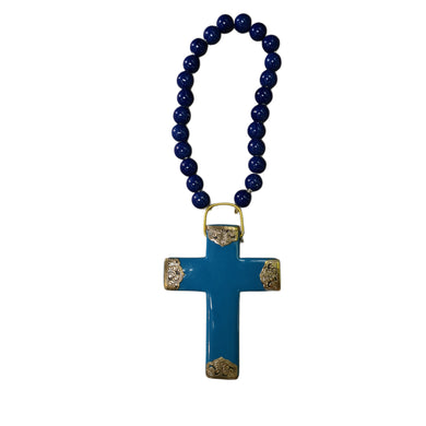 SALE Thalassa Blue ceramic metal wall cross with Dark Blue Beads