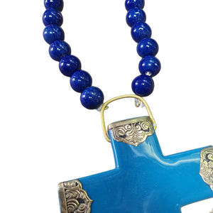 SALE Thalassa Blue ceramic metal wall cross with Dark Blue Beads