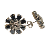 Black Spinel Marcasite Flower Studs 925 Sterling Silver Vintage Style