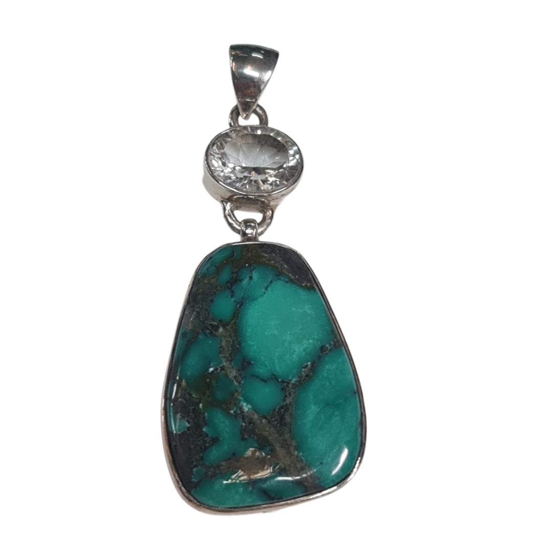 Green Turquoise Pendant Clear Quartz 925 sterling silver XL