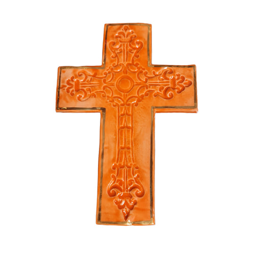 SALE Avignon ceramic wall cross in Orange and Gold