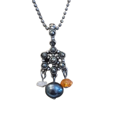 Vintage Black Pearl Carnelian Rainbow Moonstone drop necklace