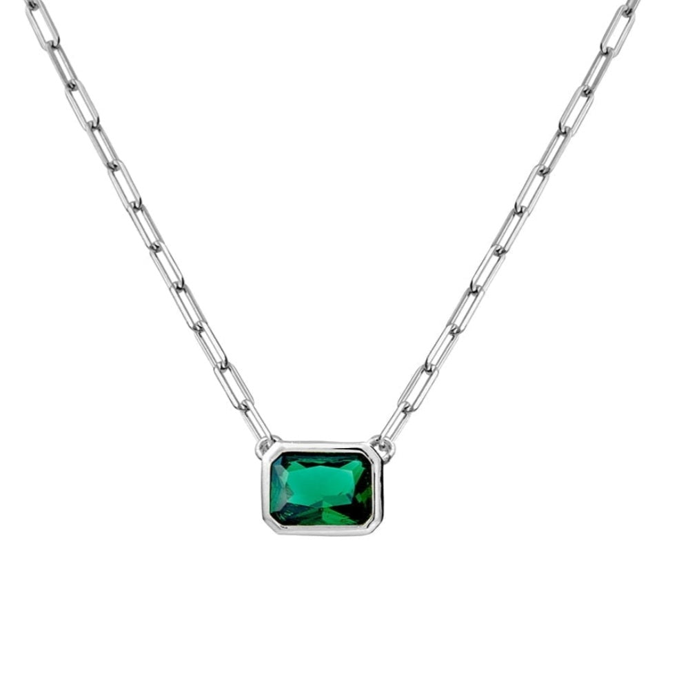 Eden Emerald Green Baguette Necklace Silver