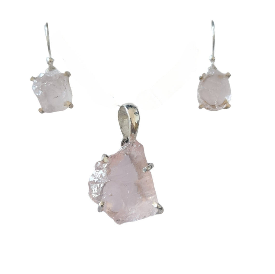 Rose Quartz rough cut Stone Pendant and Earrings SET
