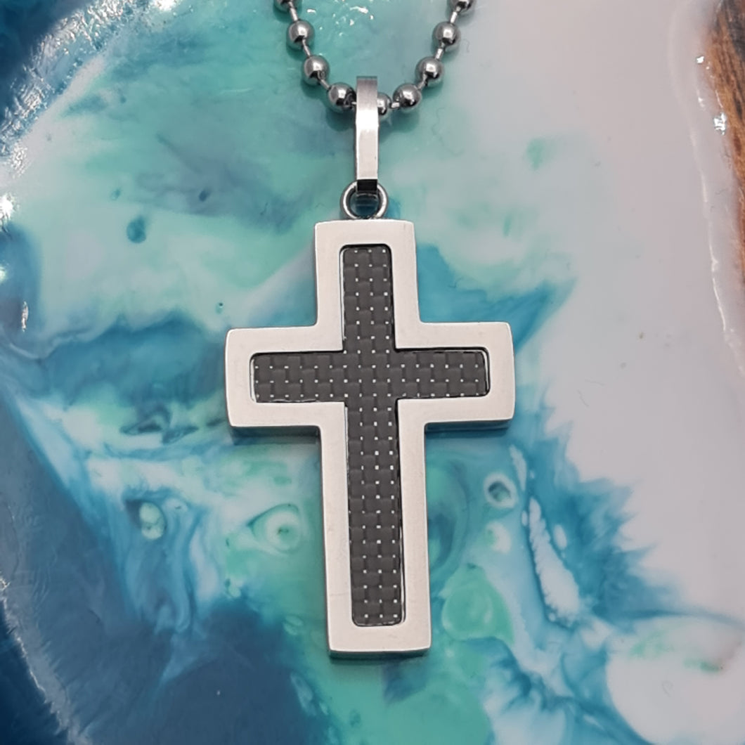 Mens Cross Necklace large Carbon Fibre stainless steel