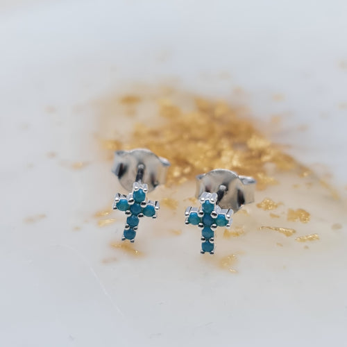 mini cross earring studs turquoise blue