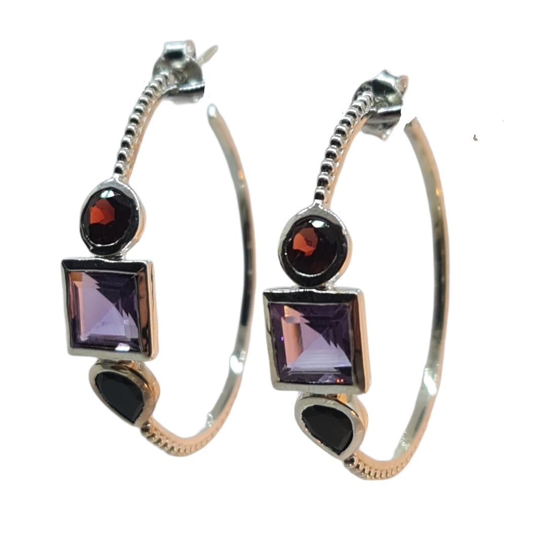 Garnet Amethyst Black Onyx Stone Hoop Earrings