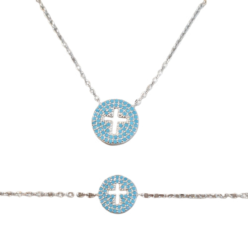 Chrystalla Cross necklace bracelet  Blue Silver