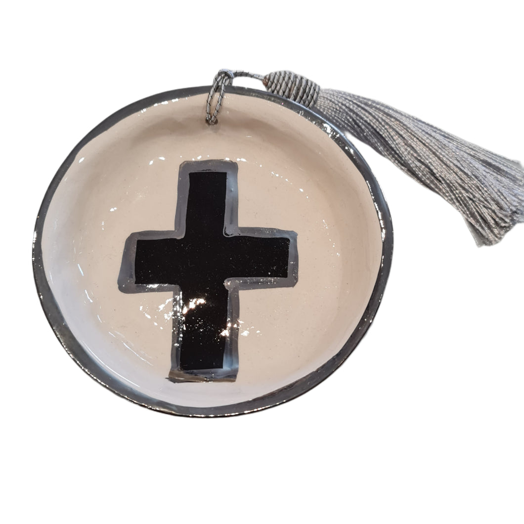 SALE Ceramic trinket dish platinum silver cross Black