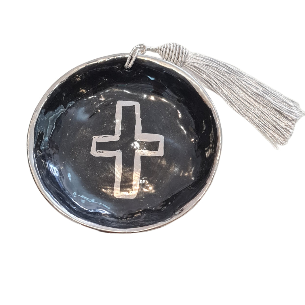 SALE Ceramic trinket dish platinum silver cross Black