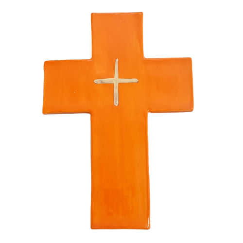 SALE Ceramic Wall Cross in Orange and Gold