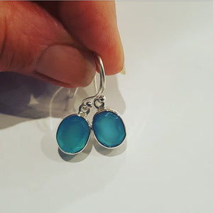 Aqua Blue Chalcedony Stone drop earrings oval