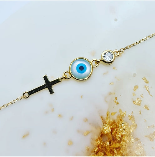 Dede mother of pearl evil eye and cross bracelet in gold