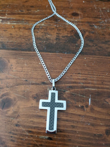 Mens Cross Necklace large Carbon Fibre stainless steel